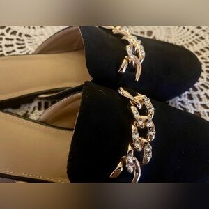Elegant Black Suede Women's Loafers with Gold Chain - Ecetana brand